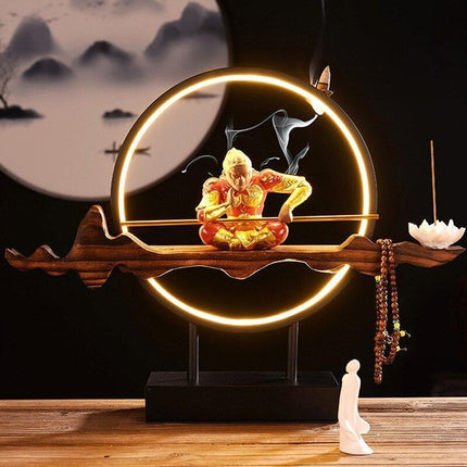 Tranquil Elegance Monkey King Ceramic Backflow Incense Burner with LED Illumination