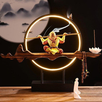 Tranquil Elegance Monkey King Ceramic Backflow Incense Burner with LED Illumination