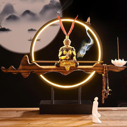 Tranquil Elegance Monkey King Ceramic Backflow Incense Burner with LED Illumination