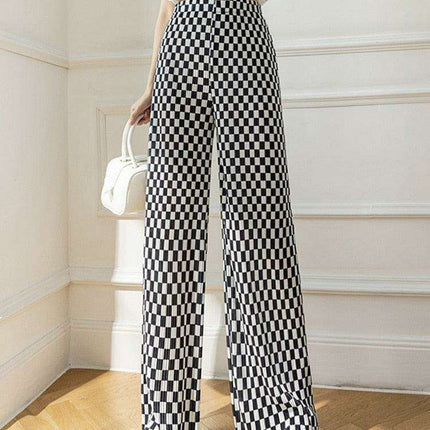Trendy Black Checkerboard Wide-Leg Trousers for Petite Women in Korean Street Style