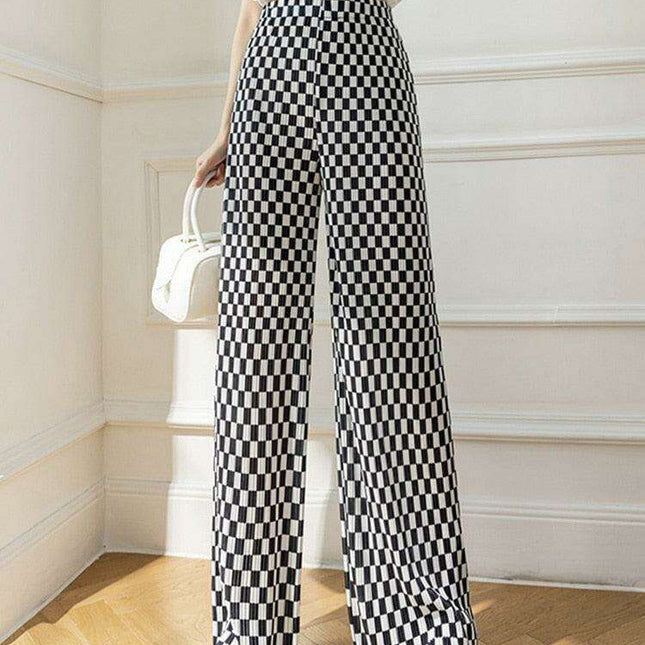 Trendy Black Checkerboard Wide-Leg Trousers for Petite Women in Korean Street Style