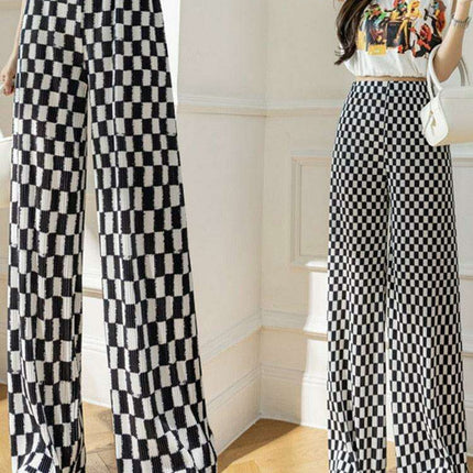 Trendy Black Checkerboard Wide-Leg Trousers for Petite Women in Korean Street Style