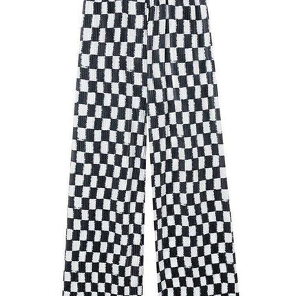 Trendy Black Checkerboard Wide-Leg Trousers for Petite Women in Korean Street Style