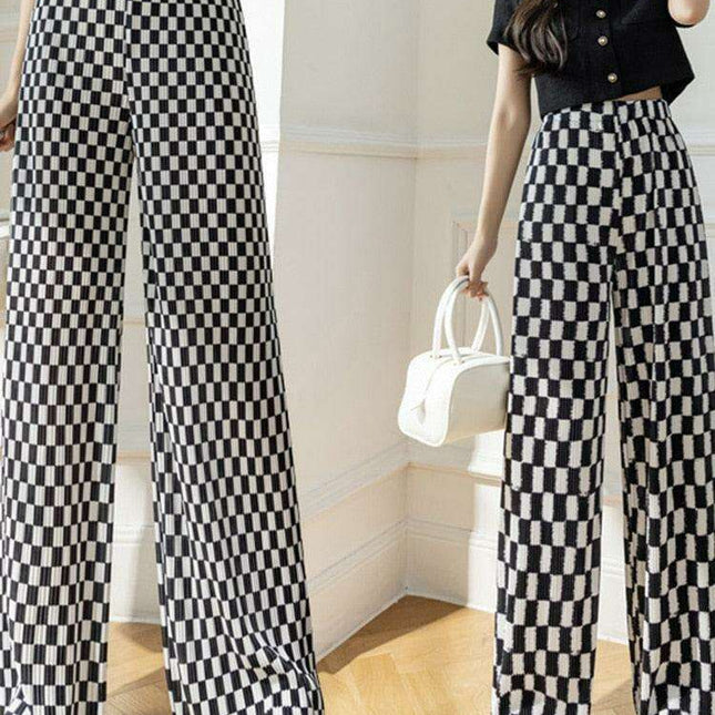 Trendy Black Checkerboard Wide-Leg Trousers for Petite Women in Korean Street Style