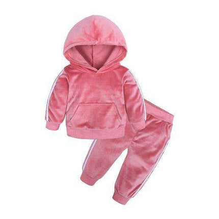 Trendy Gold Velvet Kids Hooded Pajama Set with Sporty Side Stripes - Très Elite