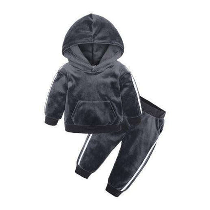 Trendy Gold Velvet Kids Hooded Pajama Set with Sporty Side Stripes - Très Elite