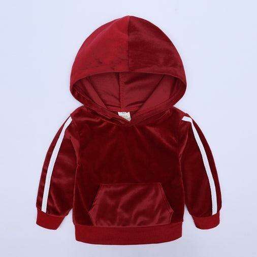 Trendy Gold Velvet Kids Hooded Pajama Set with Sporty Side Stripes