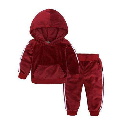 Trendy Gold Velvet Kids Hooded Pajama Set with Sporty Side Stripes