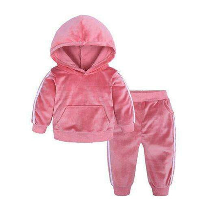 Trendy Gold Velvet Kids Hooded Pajama Set with Sporty Side Stripes