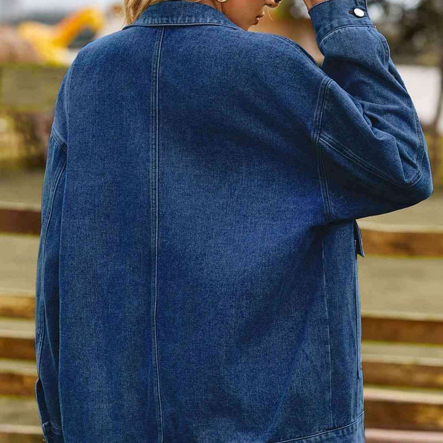Trendy Oversized Denim Coat with Stylish Collar and Functional Pockets