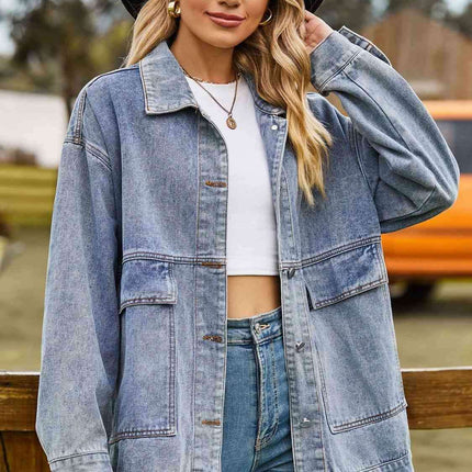 Trendy Oversized Denim Coat with Stylish Collar and Functional Pockets