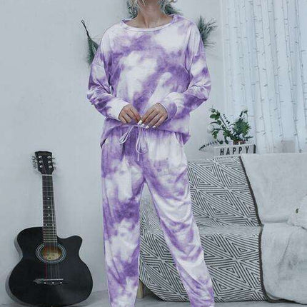 Trendy Tie-Dye Two-Piece Lounge Set with Relaxed Top and Adjustable Pants