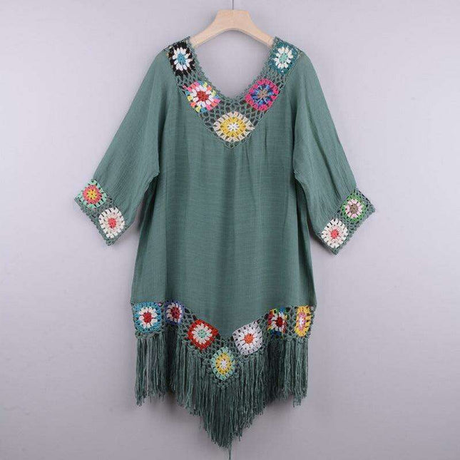 Tropical Chic: Embroidered Ombre Tassel Beach Cover-Up