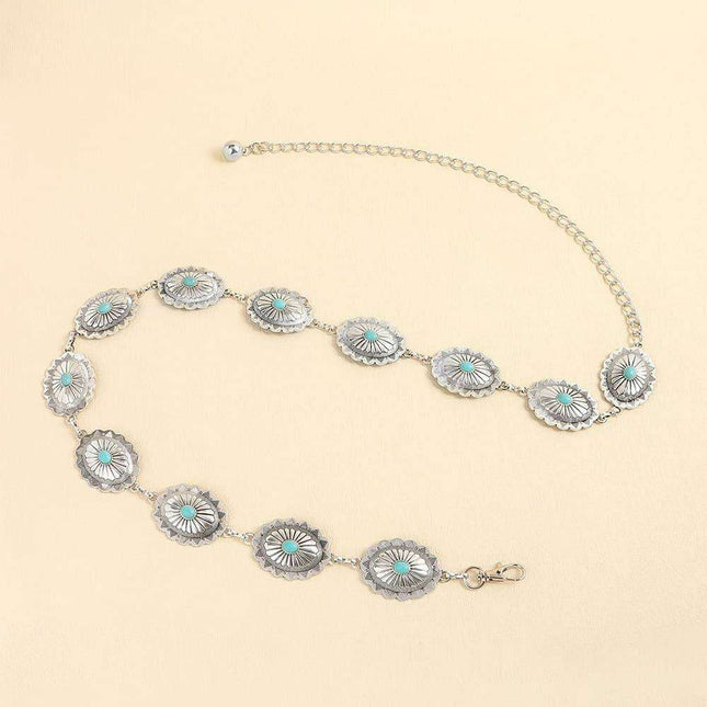 Turquoise Alloy Waist Belt with Vintage Charm - A Touch of Timeless Style