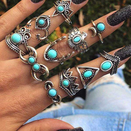 Turquoise Bohemian Feather Ring Set - 8 Distinct Pieces Celebrating Cultural Heritage