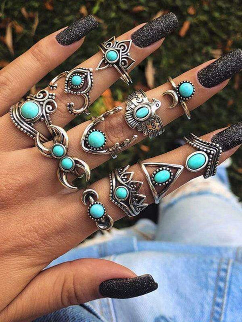Turquoise Bohemian Feather Ring Set - 8 Distinct Pieces Celebrating Cultural Heritage
