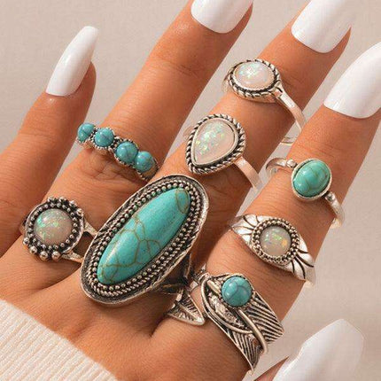 Turquoise Bohemian Feather Ring Set - 8 Distinct Pieces Celebrating Cultural Heritage