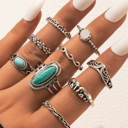 Turquoise Bohemian Feather Ring Set - 8 Distinct Pieces Celebrating Cultural Heritage