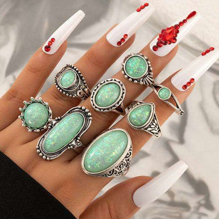 Turquoise Bohemian Feather Ring Set - 8 Distinct Pieces Celebrating Cultural Heritage