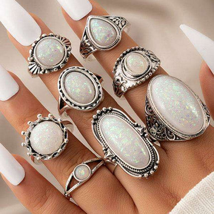 Turquoise Bohemian Feather Ring Set - 8 Distinct Pieces Celebrating Cultural Heritage