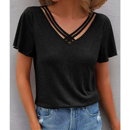 Chic V-Neck Tee with Cross Straps - Effortless Everyday Elegance