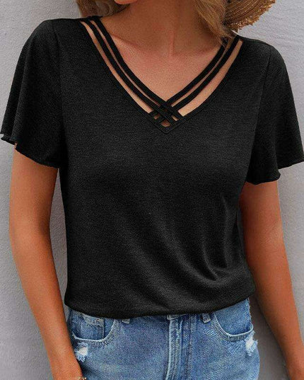 Chic V-Neck Tee with Cross Straps - Effortless Everyday Elegance