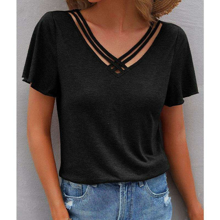 Chic V-Neck Tee with Cross Straps - Effortless Everyday Elegance