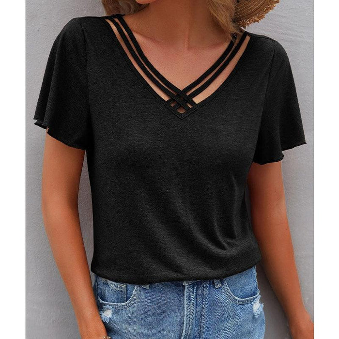 Cross Straps V-Neck Tee with Dropped Shoulder Sleeves