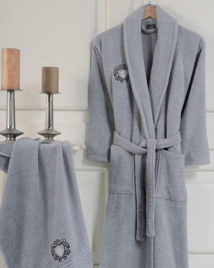 Elegant Turkish Cotton Embroidered Men's Bathrobe Set with Hand Towel - Premium Spa Collection