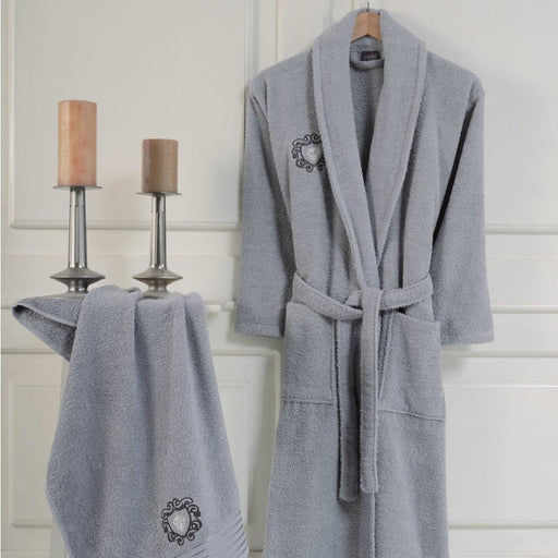 Luxurious Nakkis Embroidered Men's 100% Cotton Bathrobe and Hand Towel Set