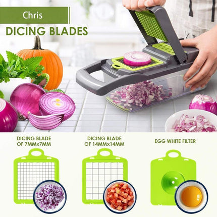 Versatile 9-in-1 Vegetable Slicing and Dicing Kit with Drain Basket and Interchangeable Blades - Très Elite
