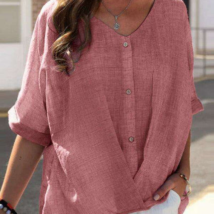 Versatile V Neck Blouse with Relaxing Self-Pattern for Effortless Elegance