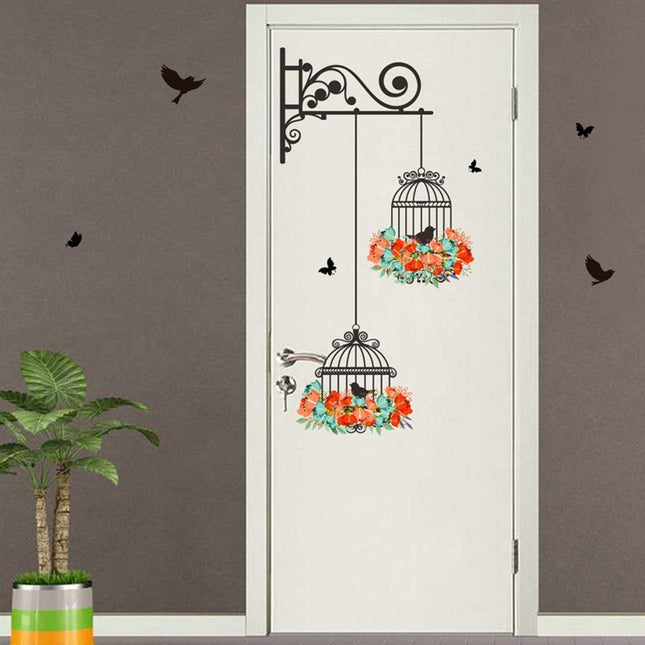 Vibrant Birdcage Wall Decal with Charming Floral Window Motif