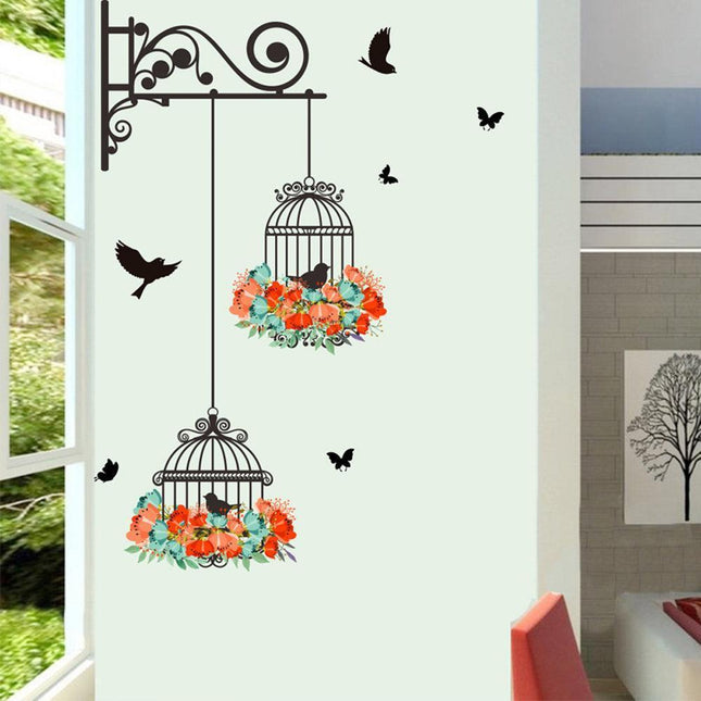 Vibrant Birdcage Wall Decal with Charming Floral Window Motif