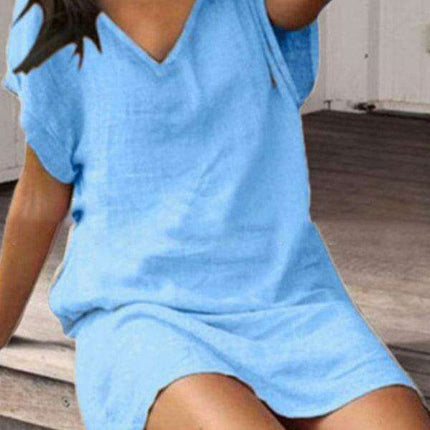 Vibrant Cotton Linen V-Neck Dress for Effortless Elegance