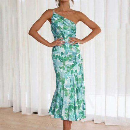 Vibrant Slant Neck Fishtail Print Dress for a Flirty Look