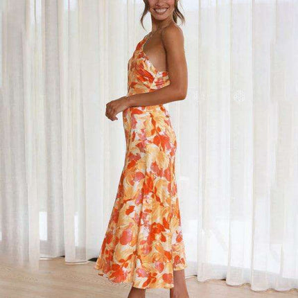 Vibrant Slant Neck Fishtail Print Dress for a Flirty Look - Très Elite