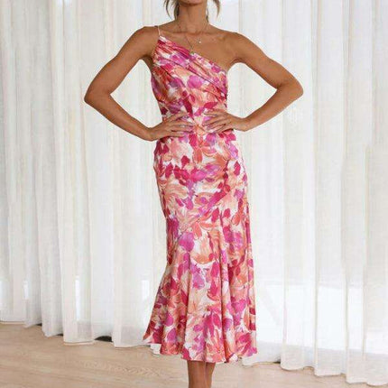 Vibrant Slant Neck Fishtail Print Dress for a Flirty Look