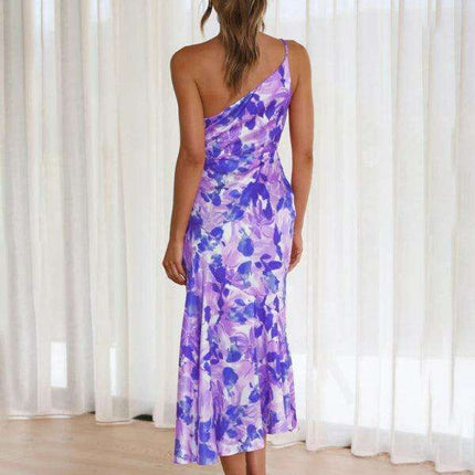 Vibrant Slant Neck Fishtail Print Dress for a Flirty Look - Très Elite