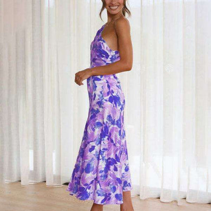 Vibrant Slant Neck Fishtail Print Dress for a Flirty Look - Très Elite