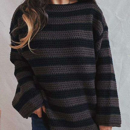 Vibrant Striped Women's Knit Pullover Sweater with Fun Collar Detail