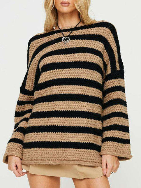 Vibrant Striped Women's Knit Pullover Sweater with Fun Collar Detail