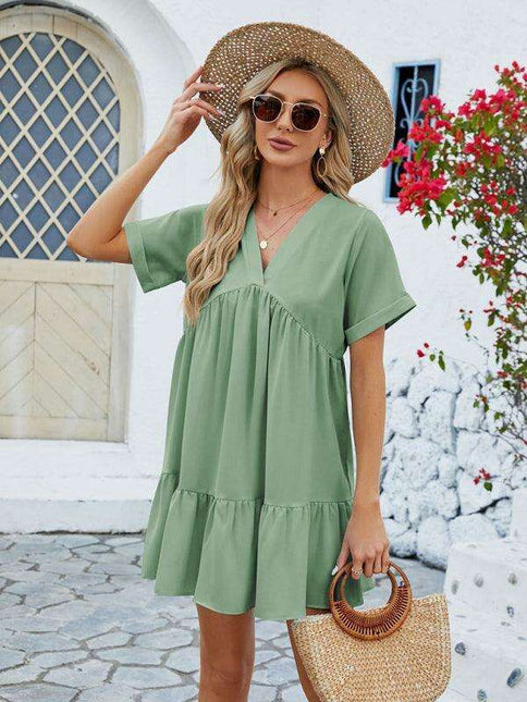 Vibrant V-Neck Pleated Dress for Women with Short Sleeves