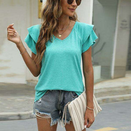 Vibrant V-Neck Top with Elegant Ruffled Sleeves - Très Elite