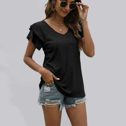 Vibrant V-Neck Top with Elegant Ruffled Sleeves