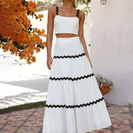 Vibrantly Spliced Suspender Top and Flowing Skirt Set for Women