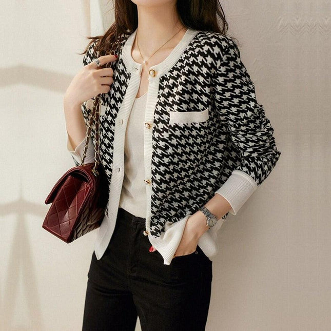 Vintage Charm Houndstooth Knit Crop Sweater for Autumn Fashion