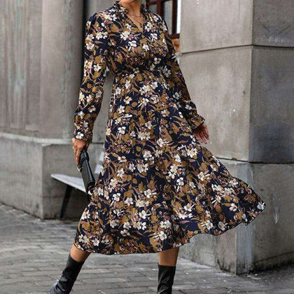 Vintage Chic Floral V-Neck Long-Sleeve Dress - Fashionable Women's Selection - Très Elite