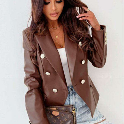 Vintage Chic: Women's PU Leather Double-Breasted Suit for Fall-Winter - Très Elite
