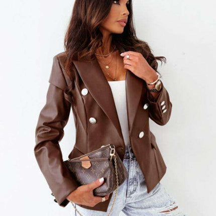 Vintage Chic: Women's PU Leather Double-Breasted Suit for Fall-Winter - Très Elite